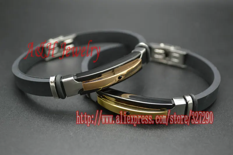 New Design Rose Gold Color Stainless Steel Bangles 8'' Rubber Leather Men Bracelets Jewelry Christmas Gift 4pc/lot