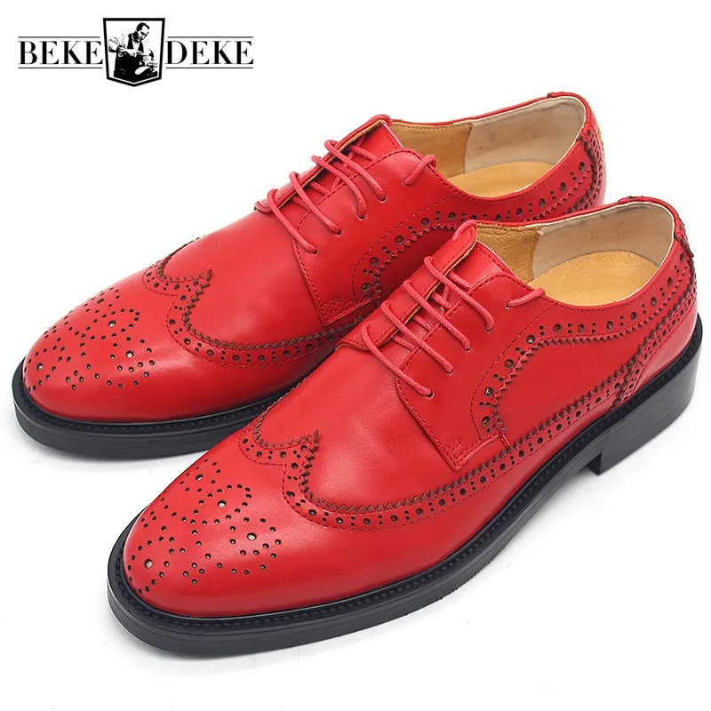 Brand New Genuine Leather Shoes Men Luxury Designer Red Embroidery Wedding Footwear Brogue Carved Wingtip Dress Shoes