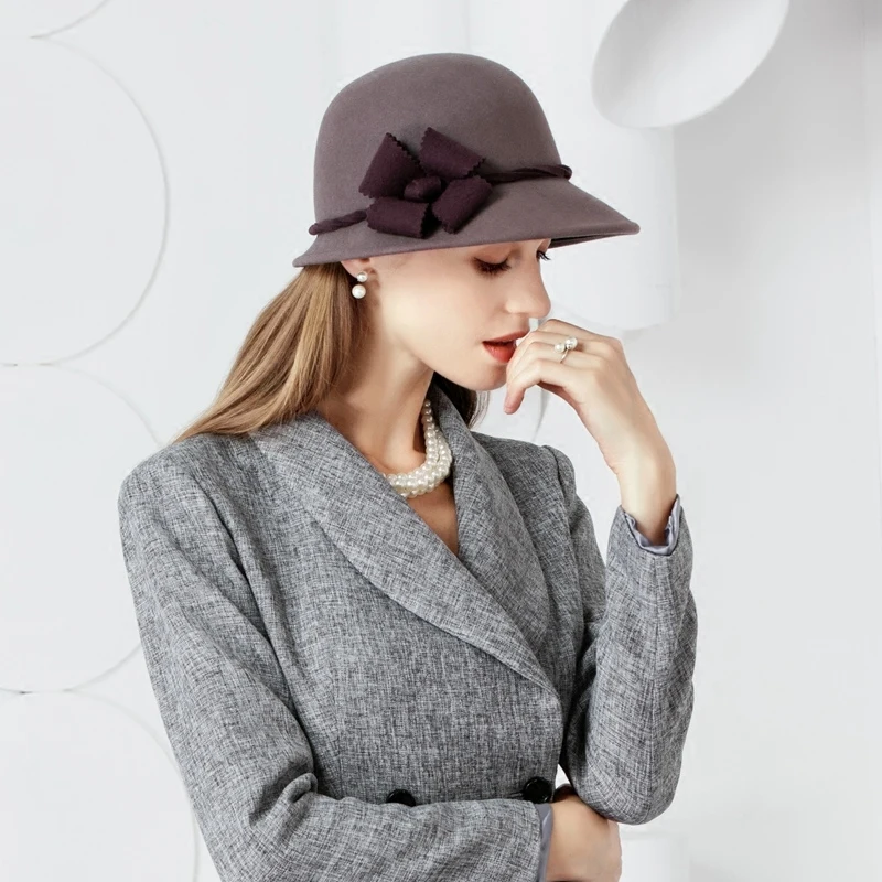 

New Winter Fashion Wool Hat British Style Womn Wool Fedora Capl Wide Brim Bowler Hat Ladies Girls Wedding Hats B-7459