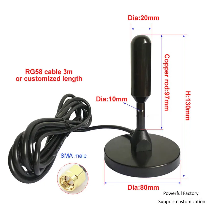 4G LTE GSM Car Antenna Super Copper Rod 40dbi Magnetic RG58 Cable 3M Feeder SMA Male