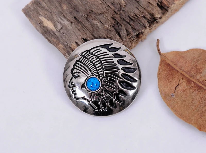 10Pcs 30mm Southeast Tribal Turquoise Indian Head Sewing Coat Cothes Closures Connector Leathercraft conchos Shank Button