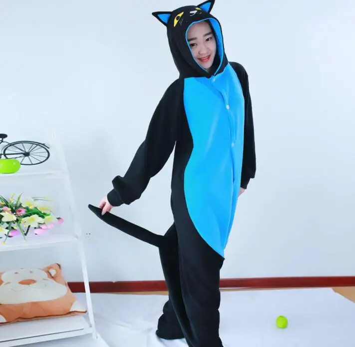 HKSNG 성인 동물 블루 미드나잇 고양이 Onesies Kigurumi 할로윈 가족 파티 잠옷 만화 점프 슈트 의상