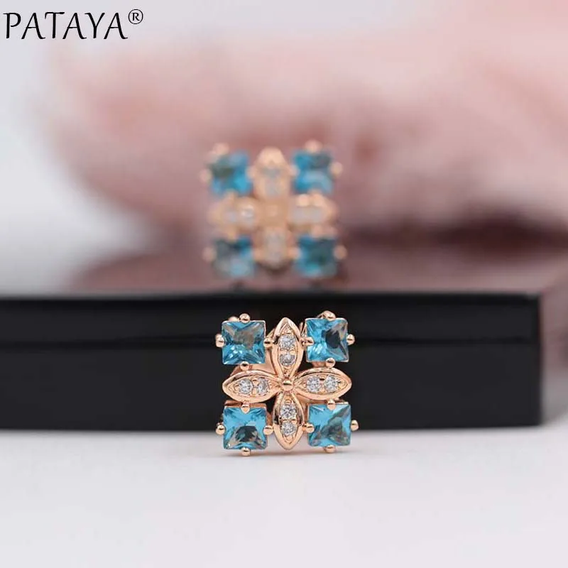 PATAYA Women Square Luxury Earrings 585 Rose Gold Color Water Drop Natural Zircon Wedding Accessories Jewelry Ethnic Earring