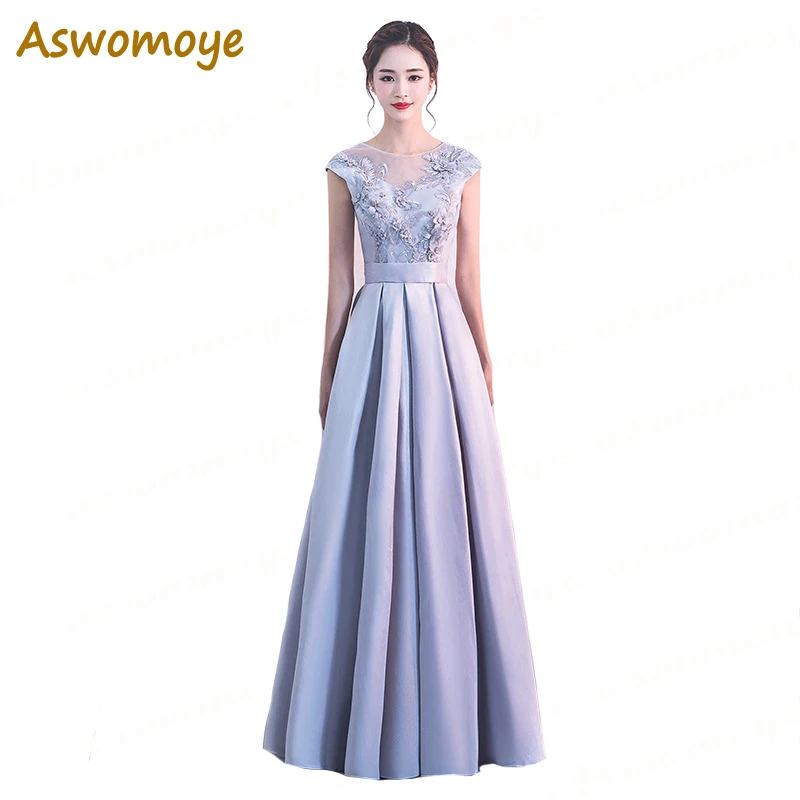 

Aswomoye Elegant Women Evening Dress 2018 New A-Line Prom Dresses Appliques Flower Party Dress Illusion O-Neck robe de soiree