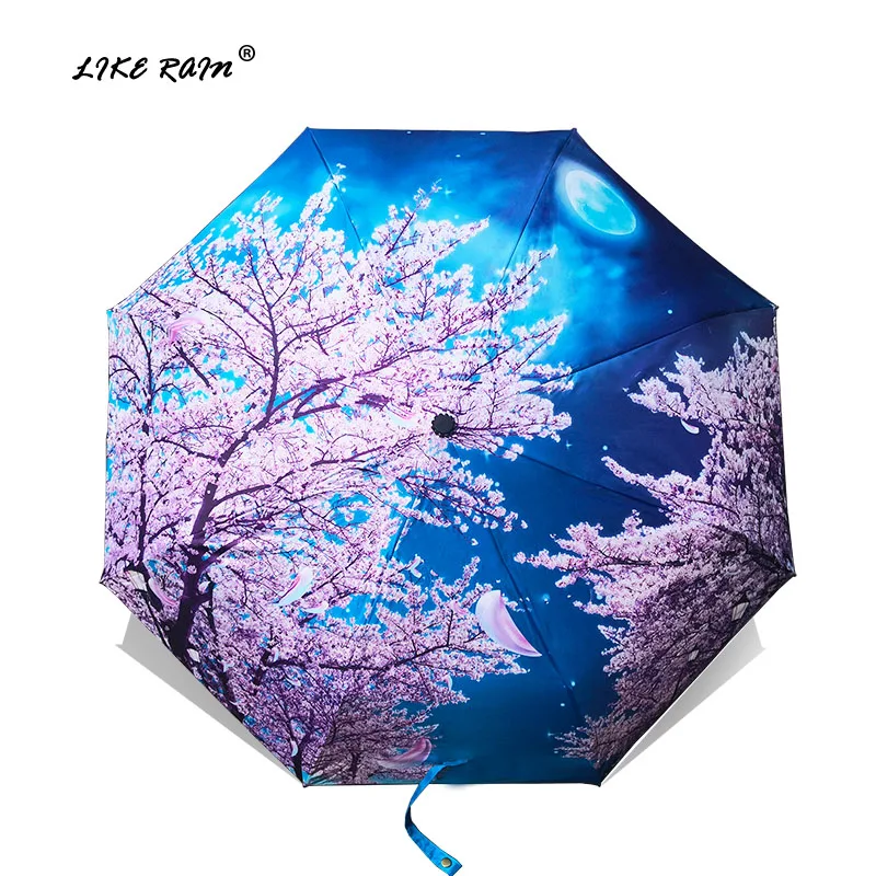 LIKE RAIN Folding Umbrella Female Van Gogh Painting Chinese Art Sakura Umbrellas Rain Women Windproof Anti-UV Sun Parasol YHS03