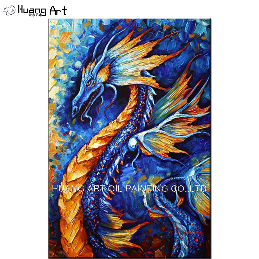 Skill Painter Hand-painted Blue and Yellow Dragon Oil Painting On Canvas Knife Painting Auspicious Animals Pictures For Wall Art