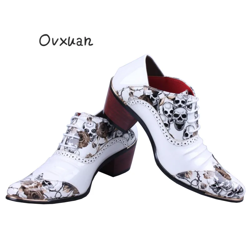 OVXUAN Men Skull Punk Western Cowboy Boots Mens Fashion Designer 6CM High Heel Wedge Leather Shoes White Pointed Ankle Boots Men