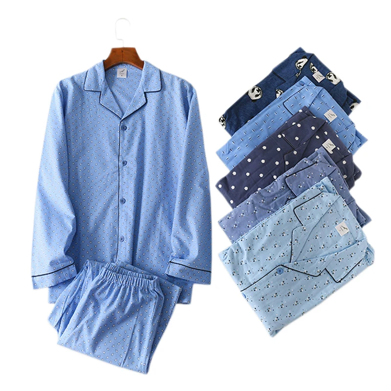 

Fashion printed 100% brushed cotton pajamas sets men sleepwear plus size casual plaid male long-sleeve trousers homewear