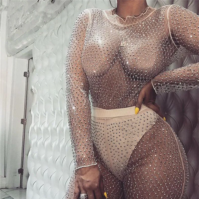 BKLD Lưới Sheer Body Rompers Nữ Jumpsuit Dài Tay Chiếu Trúc Hạt Xem Qua Clubwear Đảng Ôm Body Áo Liền Quần Mùa Hè 2019