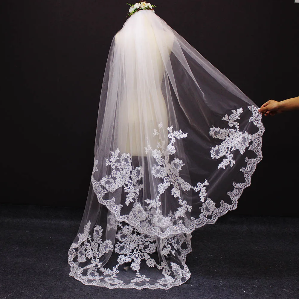 New 2 Meters 2 Layers Lace Appliques Wedding Veil With Comb Beautiful White Ivory Bridal Veil