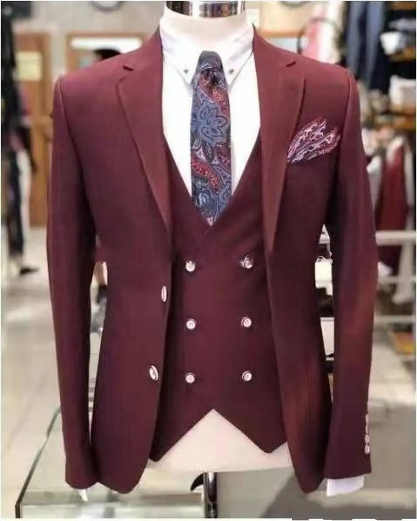 

New Arrival Two Buttons Burgundy Groom Tuxedos Groomsmen Notch Lapel Mens Suits Blazers (Jacket+Pants+Vest+Tie) W:1005