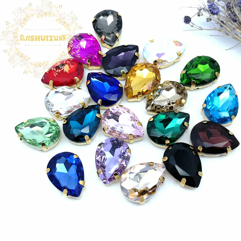 Best-selling mix color Water drop shape Crystal Glass Sew-on Rhinestones with gold Claw DIY wedding Dresses and Clothes