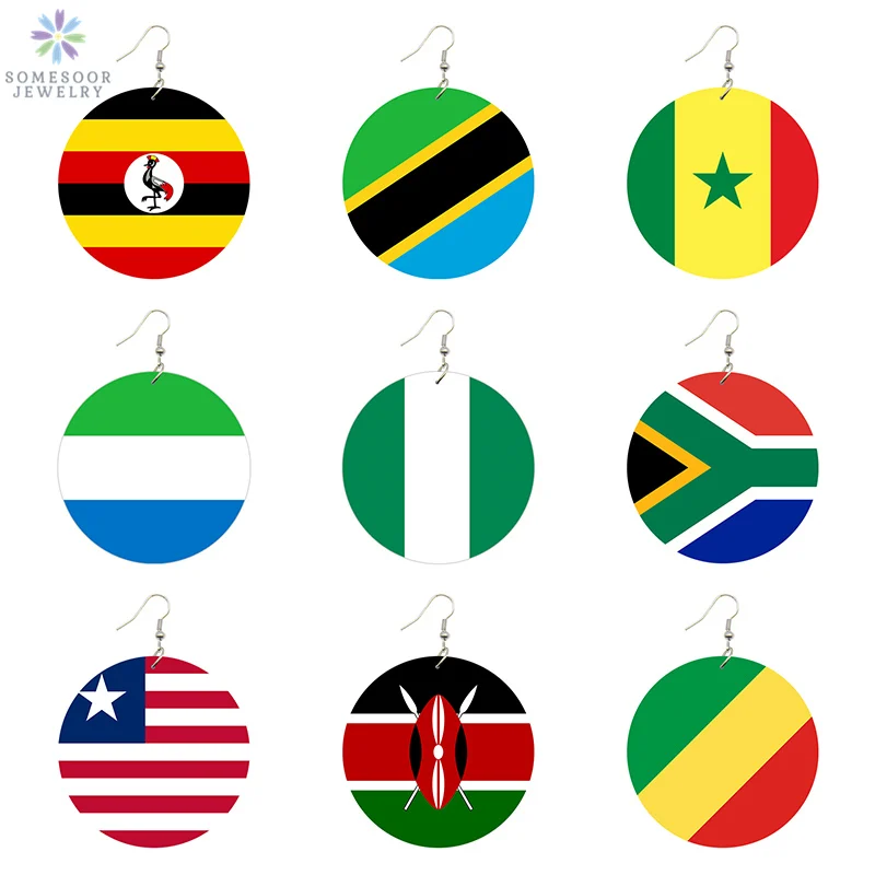 SOMESOOR Trendy Printed National Flags Wood Drop Earrings Africa America Europe Country Photos Jewelry For Women Gifts