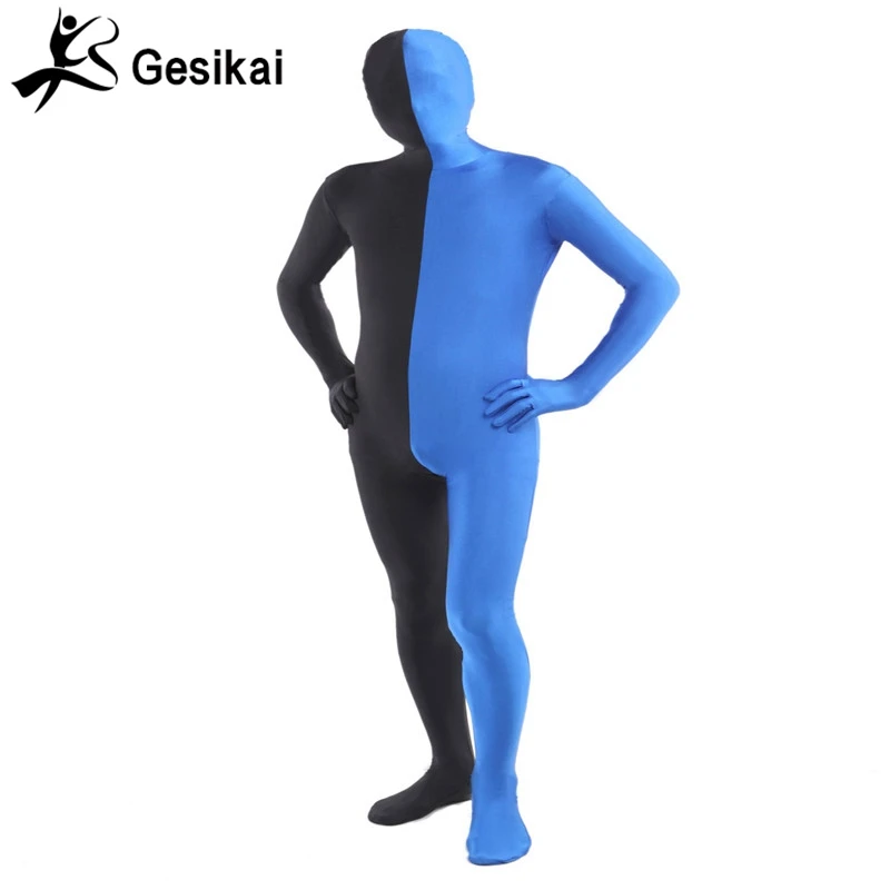 Heren Volwassen Volledig Zentai Bodysuit Gemengde Kleur Spandex Zentai Panty Pak Links Blauw En Rechts Zwart Halloween Kostuum