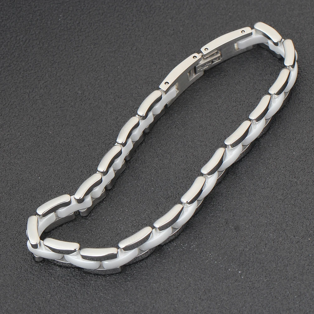 NIBA 20cm White  Ceramic Bracelet Bangle Stainless Steel Chain Link Bracelet Women And Men Jewelry