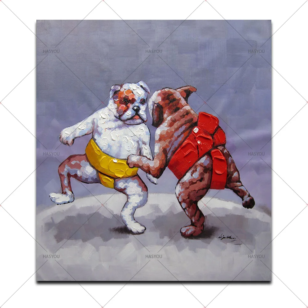 New Arrival Hand-painted Match Boxing Figures Oil Painting on Canvas Abstract Cute Animal Boxer Deco Oil Painting for Wall Decor