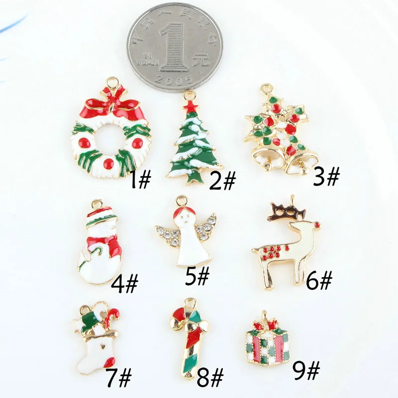 10pcs Angel Tree Christmas Charms Enamel Pendant Gifts Box Snowman Bell Earrings Accessory Handmade Ornaments DIY Material YZ512