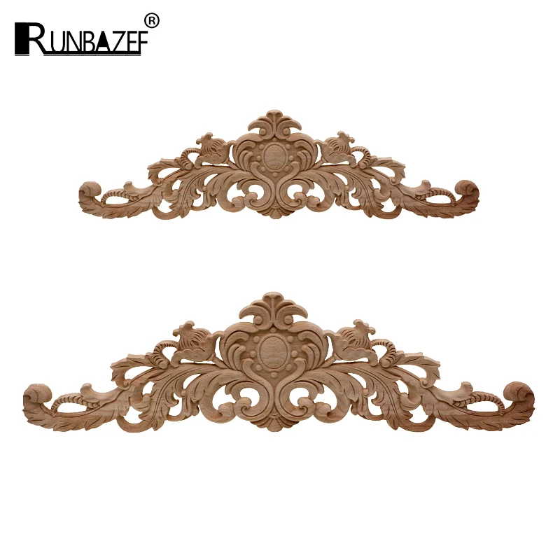 RUNBAZEF European Style Real Wood Long Floral Carving Applique Home Decoration Accessories Door Cabinet Furniture Figurines