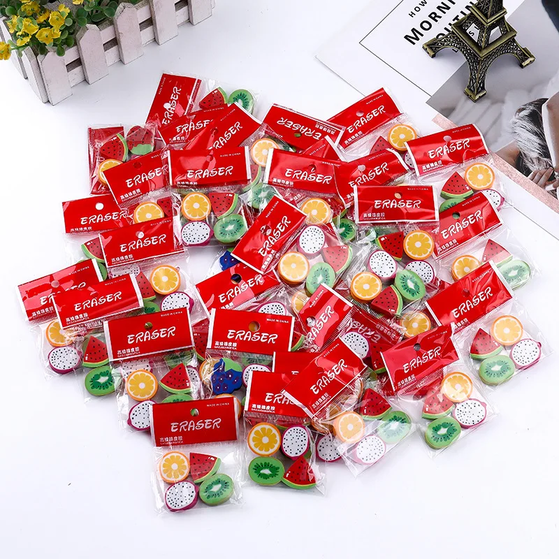 144pcs Kawaii Eraser Set Cute Fruit Erasers for Kids School Accessories Goma Rubber Pencils Eraser Stationary Supplie Novelty