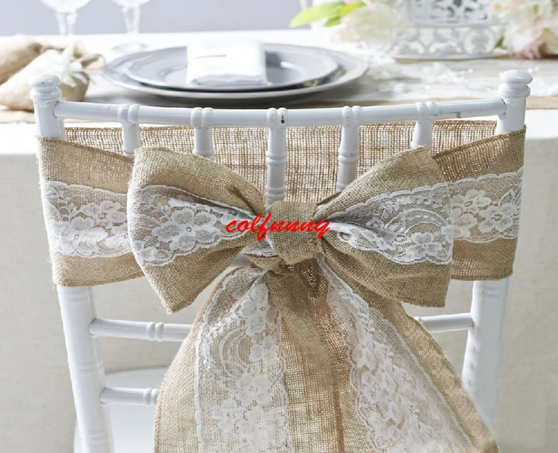 

100pcs 15*240cm Naturally Elegant Burlap Lace Chair Sashes Jute Chair Tie Bow For Rustic Wedding Party Event Decoration F051403