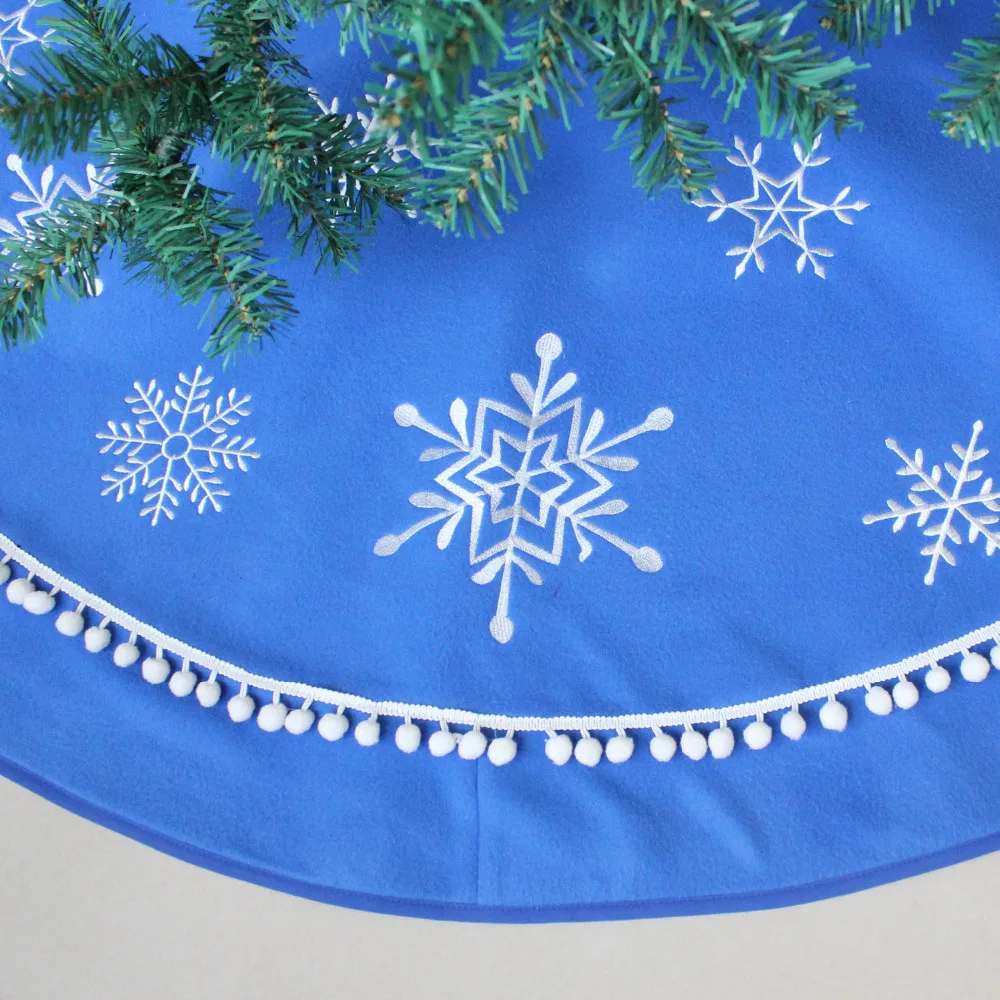 Snowflake Embroidery with Bobble Tassels Border Blue Polar Fleece Christmas Tree Skirt 50