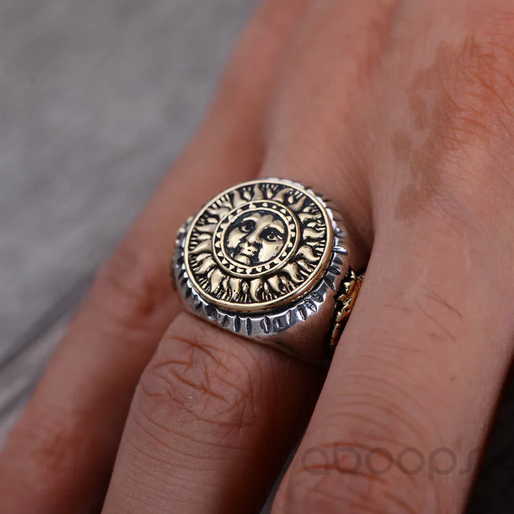 Two Tone 925 Sterling Silver Sun Ring with Compass Dinosaur for Men Boys,Adjustable Size 8.5-11,Free Shipping