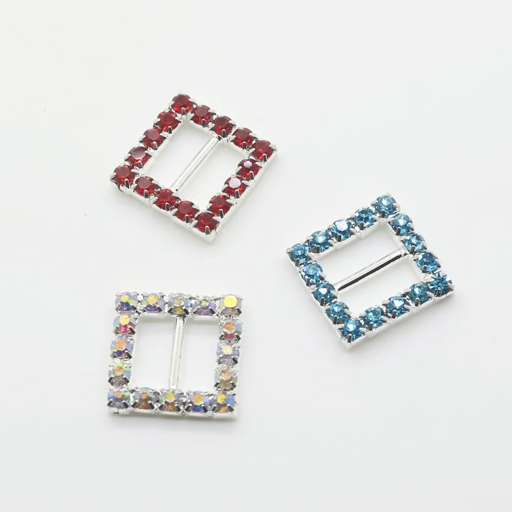 Colorful 10pcs/lot 16mm Square Crystal Rhinestone buckles Diamante buckle invitation Ribbon Slider for Wedding Supply Gift Wrap