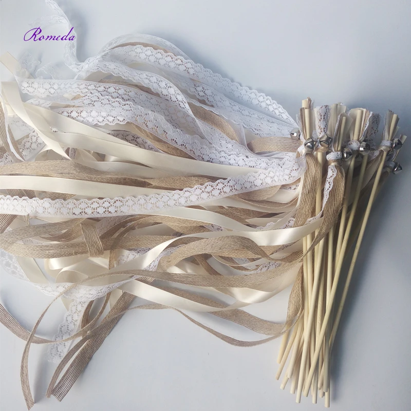 New  30/20/10pcs/lot Champagne + jute + lace wedding Ribbon Wands stick Confetti Stream with big sliver Bells for wedding party