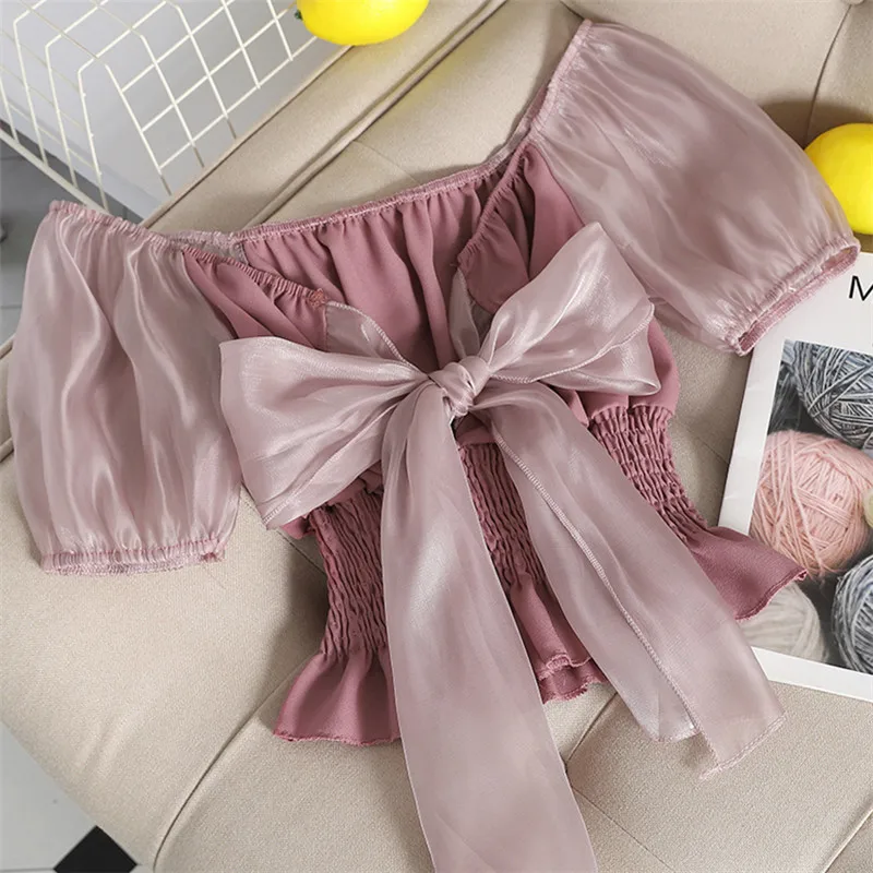 

Summer Autumn Women Slash Neck Chiffon Shirt Sweet Tie Bow Mesh Blouse Female Slim Short Sleeve Ruffles Blouses Short Tops A1576