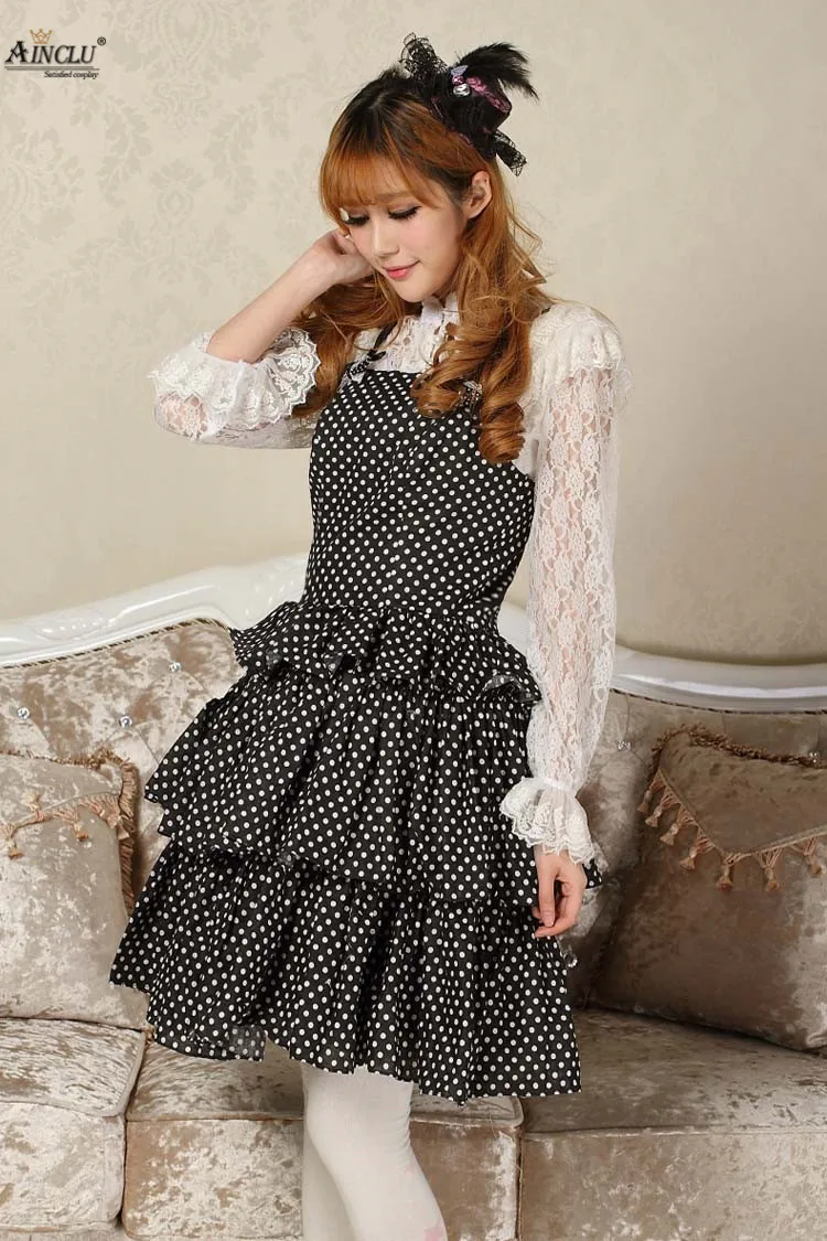 Asweet doce estilo feminino preto e branco poliéster japonês original lady suspensórios doce princesa lolita vestido