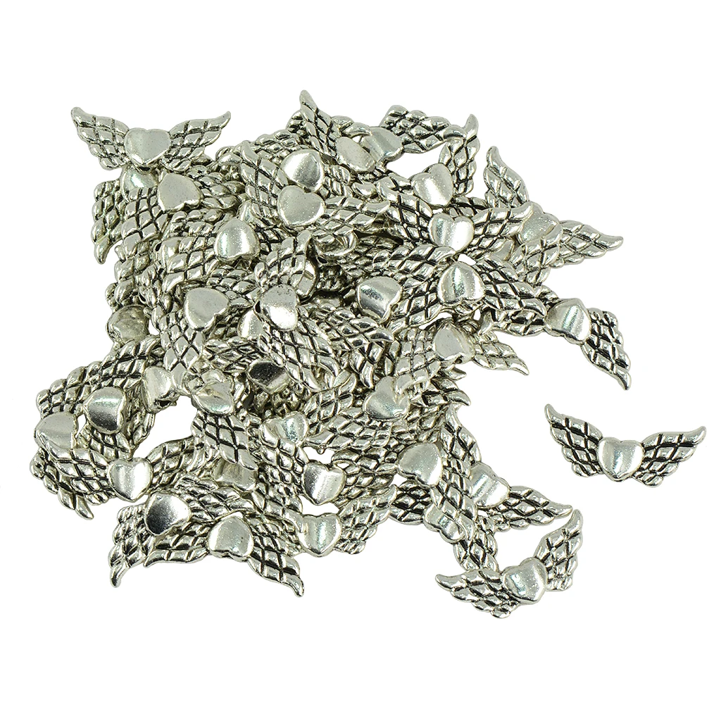 50 Pieces/ Lot Angel Wing Loving Heart Charms Loose Spacer Beads Jewelry DIY Findings Crafts Antique Mental