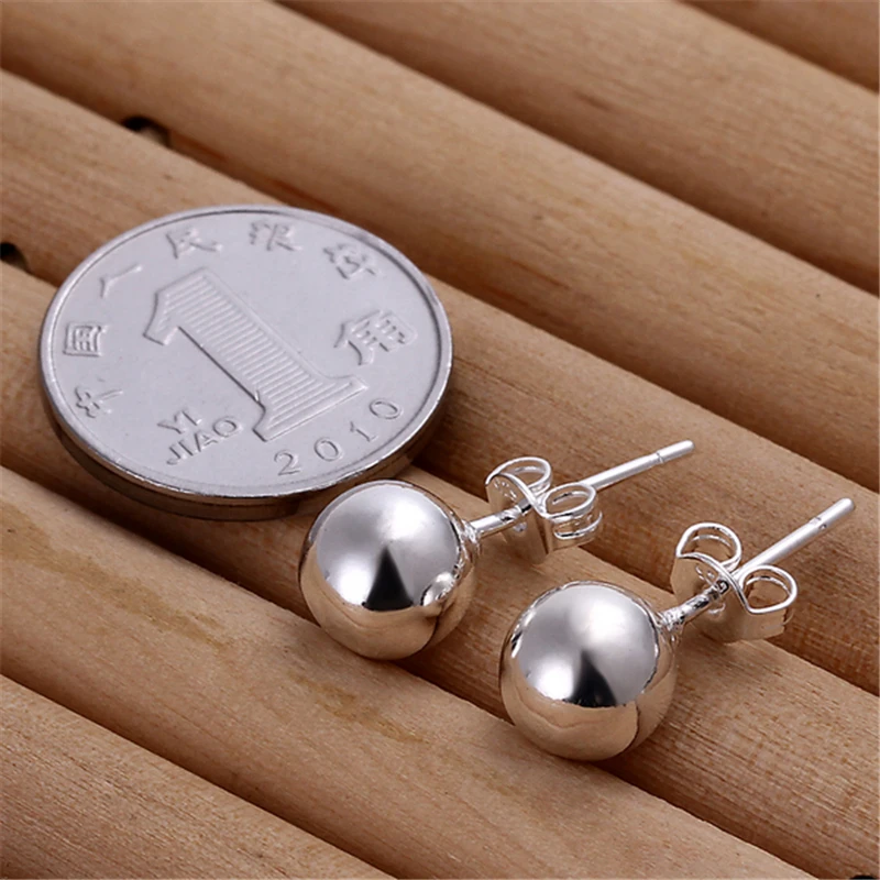 DOTEFFIL Silver Color 8/10/12mm Round Smooth Solid Bead Ball Stud Earrings For Women Wedding Engagement Party Jewelry