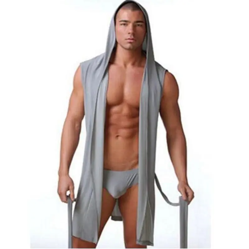 Best price men sexy pajamas sleepwear Silk pijama hombre hooded bathrobe men bath 5 color set Summer dress bath robe with briefs