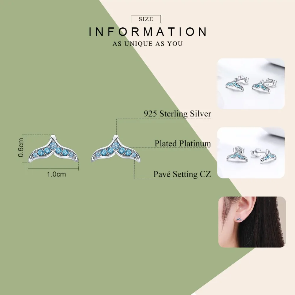 WOSTU Mermaid Tail Fishtail Stud Earrings 925 Sterling Silver Blue Zircon Tiny Earrings For Women Girls Lovely Jewelry FNE058