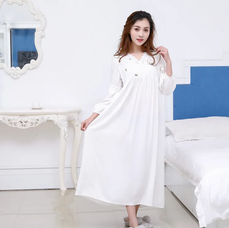 

Ms Spring and Autumn Long Sleeve Night Dress Women Cotton White Sleepwear Court Cute Princess Long Korean Nightdress Sleepshirts
