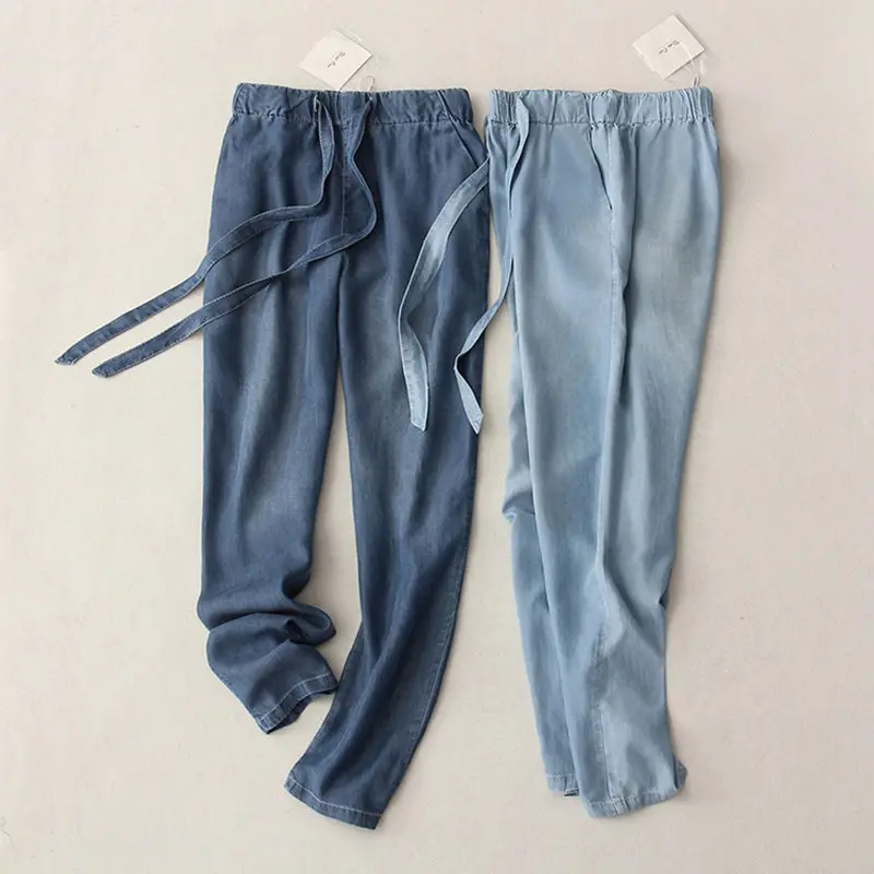 Summer Pants Thin Denim Trousers Women Lace Up Elastic Waist Casual Jeans Harem Pants Plus Size Loose Pants Pantalon Femme C5461