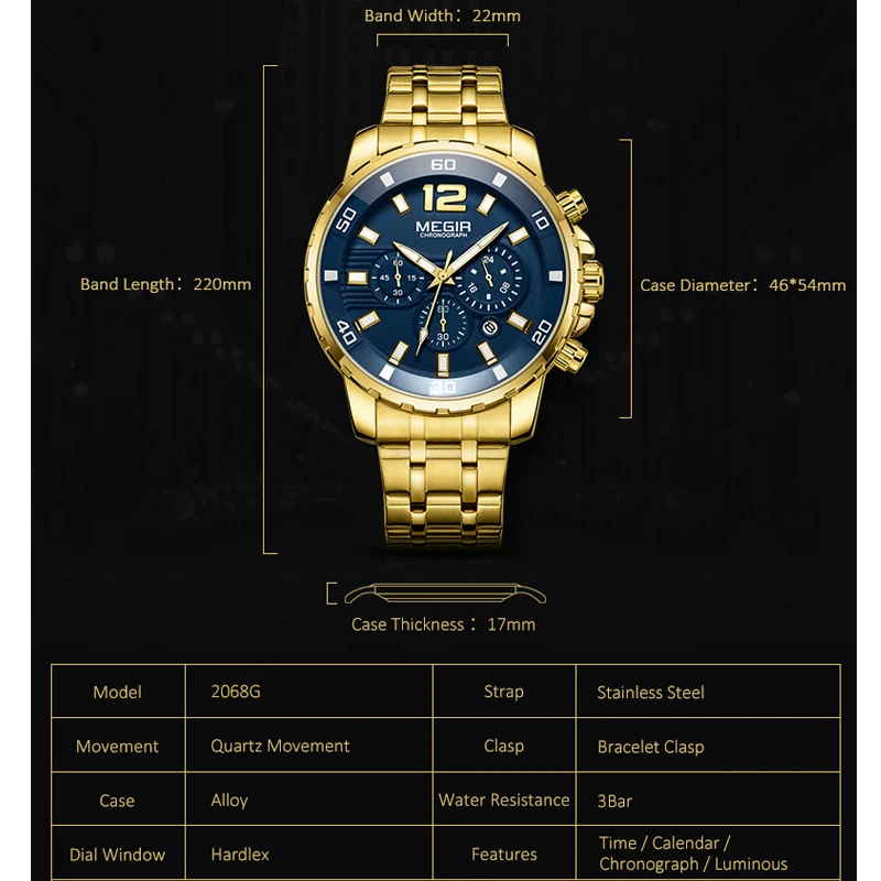 MEGIR-Montre de sport à quartz en acier inoxydable pour homme, montre-bracelet militaire, chronographe, horloge d'affaires, montres étanches décontractées, mode