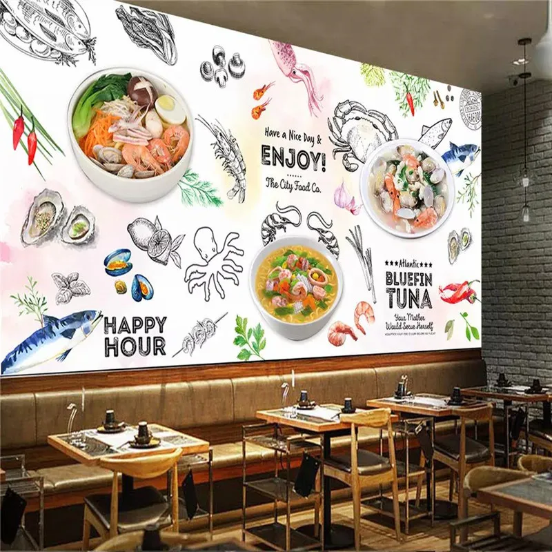 

Custom Mural Wallpaper Seafood Noodle Seafood Shop Snack Bar Background Wall