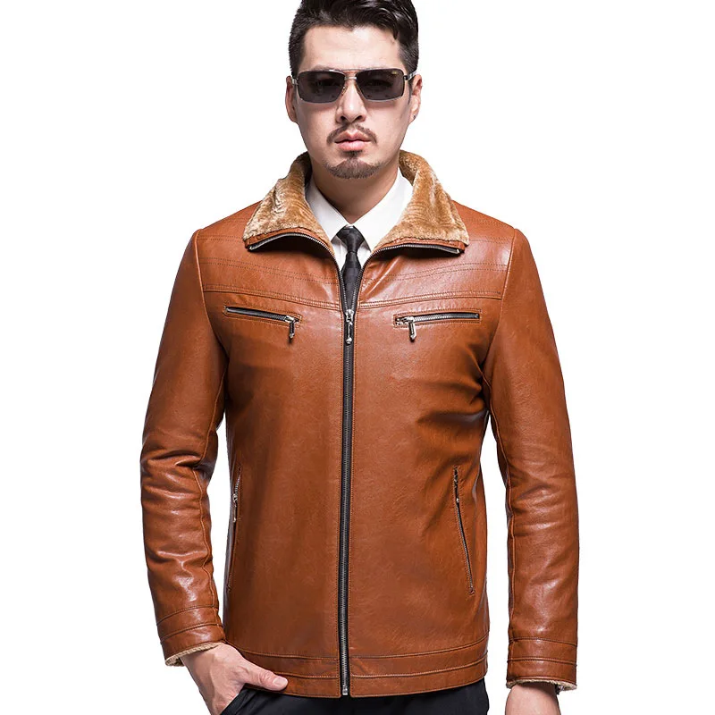 2021 New Winter Warmth Leather Jacket Men's Fashion Casual Leather Clothes Zipper Black And Brown New Men Fur Coats Good Qualit