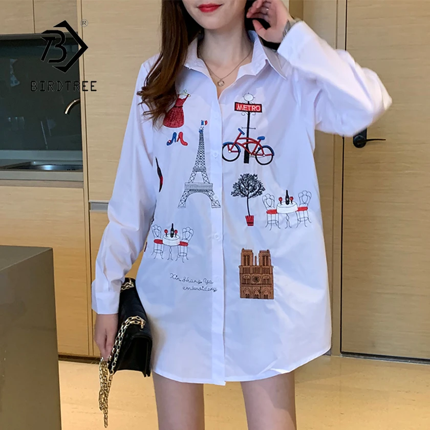 Blusa blanca larga bordada para mujer, camisa de manga larga con cuello vuelto y botones, Top informal de bicicleta con Gato y Torre, T96415F