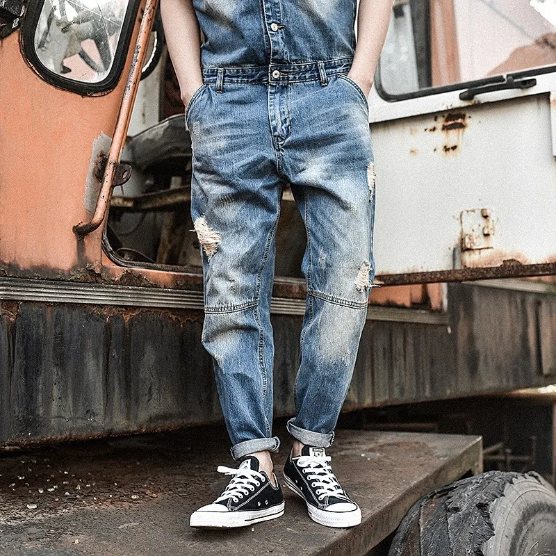 Japan Retro Mens Overalls Short Sleeved One Piece Denim Pants Casual Washed Jeans Jumpsuits Button Classic Hole Ripped Trousers