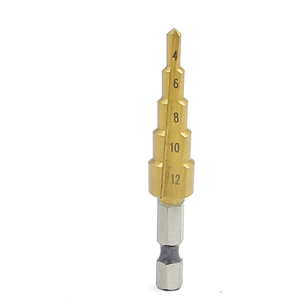Neue HSS Schritt Bohrer 4mm-12mm Gerade flöte Power Tools 1/4 "Hex Schaft Großhandel Preis 5 schritte metall Bohren Titan
