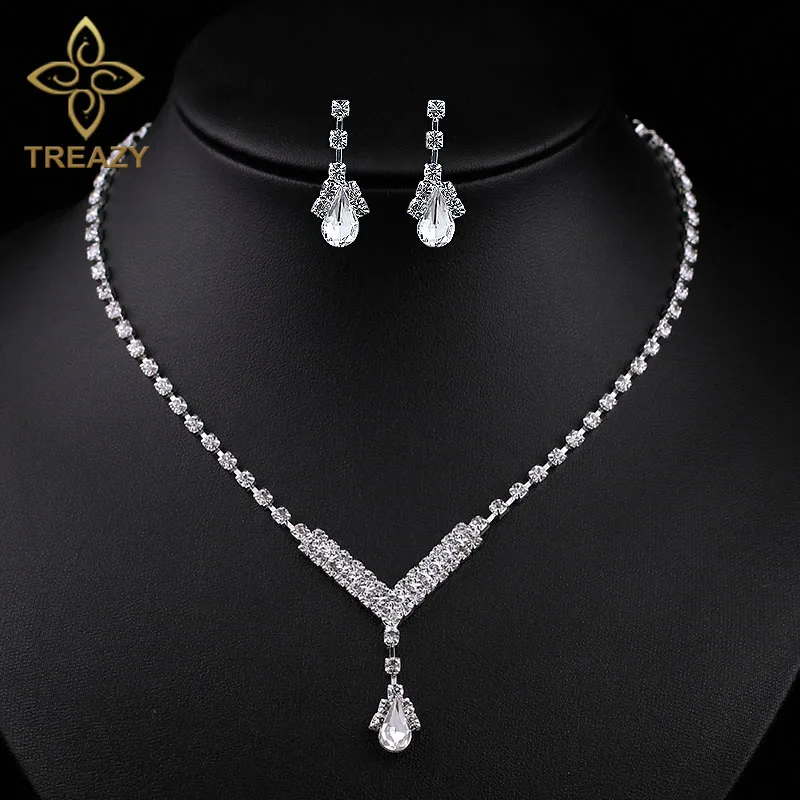 TREAZY Simple Bridal Bridesmaid Jewelry Sets Fashion Silver Plated Crystal Wedding Jewelry Sets Necklace Earrings Set for Women