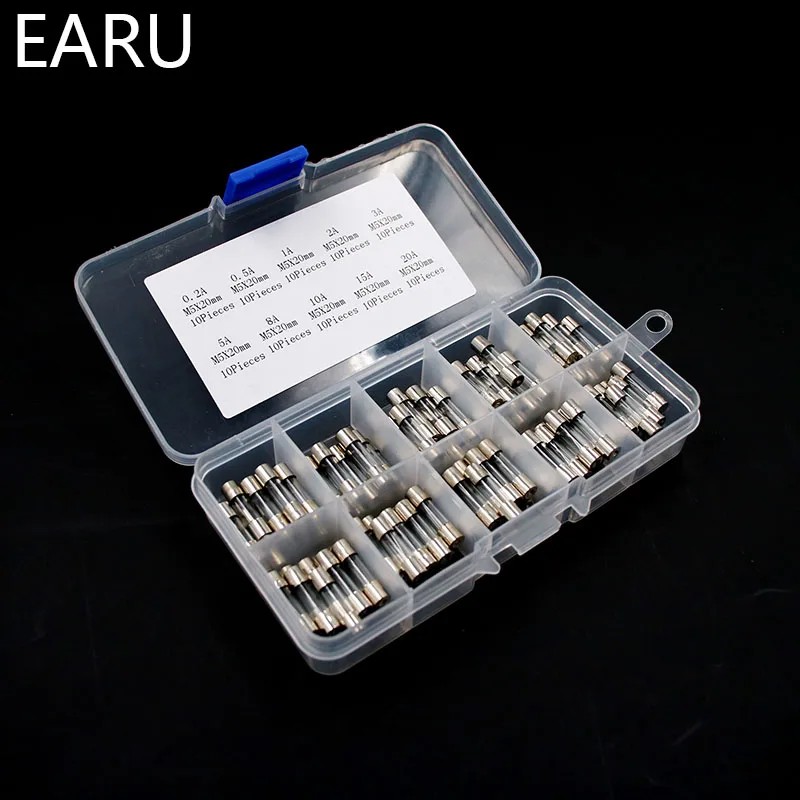 100Pcs Set 5x20mm Quick Blow Glass Tube Fuse Assorted Kits Fast-blow Glass Fuses 0.2A 0.5A 1A 2A 3A 5A 8A 10A 15A 20A 30A Box