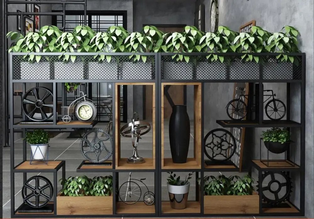 American iron art shelves, flower shelves, LOFT industrial style coffee shop decoration bookshelf, green plants, short screen