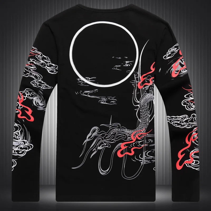 Creative Chinese Dragon Print Fashion Luxury Long Sleeve T Shirt Spring New Quality Cotton Men Designer Clothes Casual Camisetas