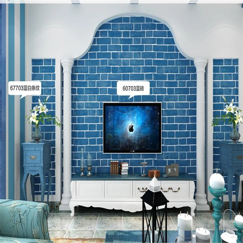 

wellyu Mediterranean blue brick pattern non - woven wallpaper 3D thick brick living room restaurant TV background wallpaper