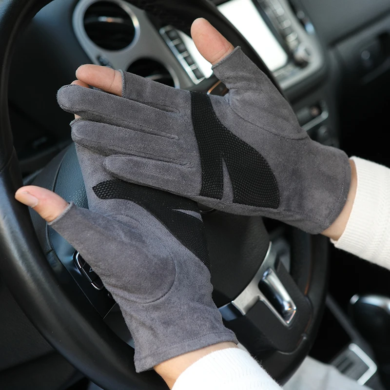 Imitation Suede Gloves Female Non-Slip Semi-Finger Man Gloves Fashion Unisex Exposed Two Fingers Driving Mittens SZ043