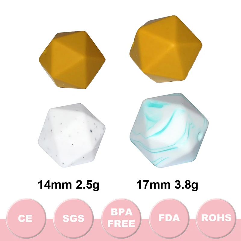 50pc BPA Free Food Grade 14mm Multi-faceted Geometric Polygon Silicone Beads Chew Soft Baby Silicone Teething Beads Shower Gift