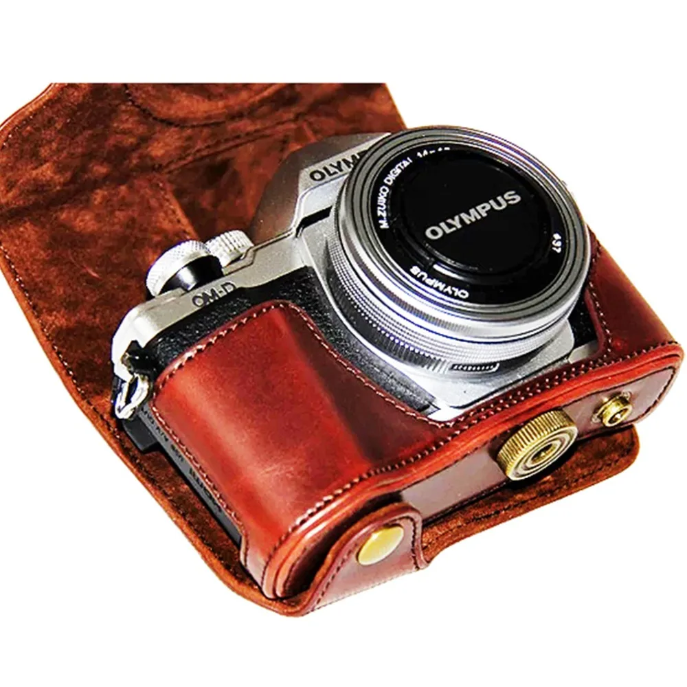 Etui ze skóry Pu Protective Half Body Cover Base do Olympus OMD EM10 II III E-M10 Mark II III EM10 MK2 MK3 z obiektywem 14-42mm